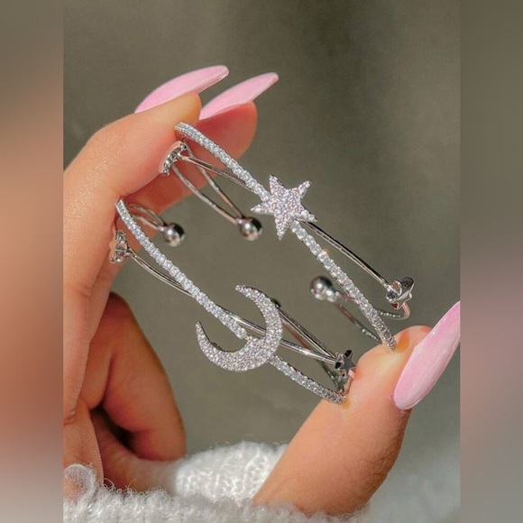 Silver Rhinestone Crescent Moon Open Cuff Bracelet - Picture 2 of 3